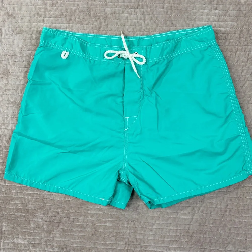 Vintage Sundek Board Shorts Mens 30 Teal Green Rainbow Stripe Nylon Made in USA